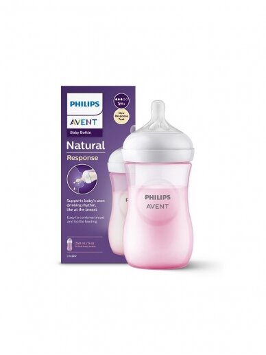 Pudelīte Philips Avent Natural Response, rozā, 1 mēn+, 260 ml